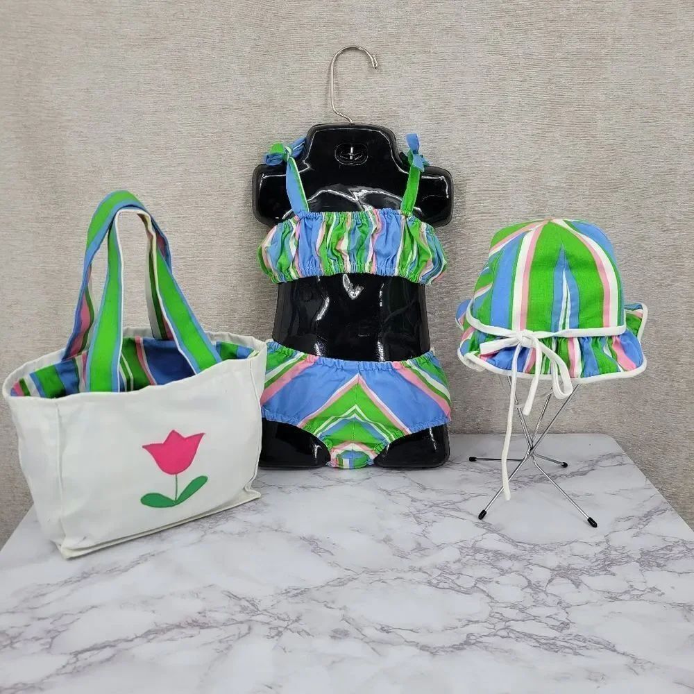 Fischel Vintage Striped Bikini Swimsuit Set with Bucket Hat and Bag Green Pink